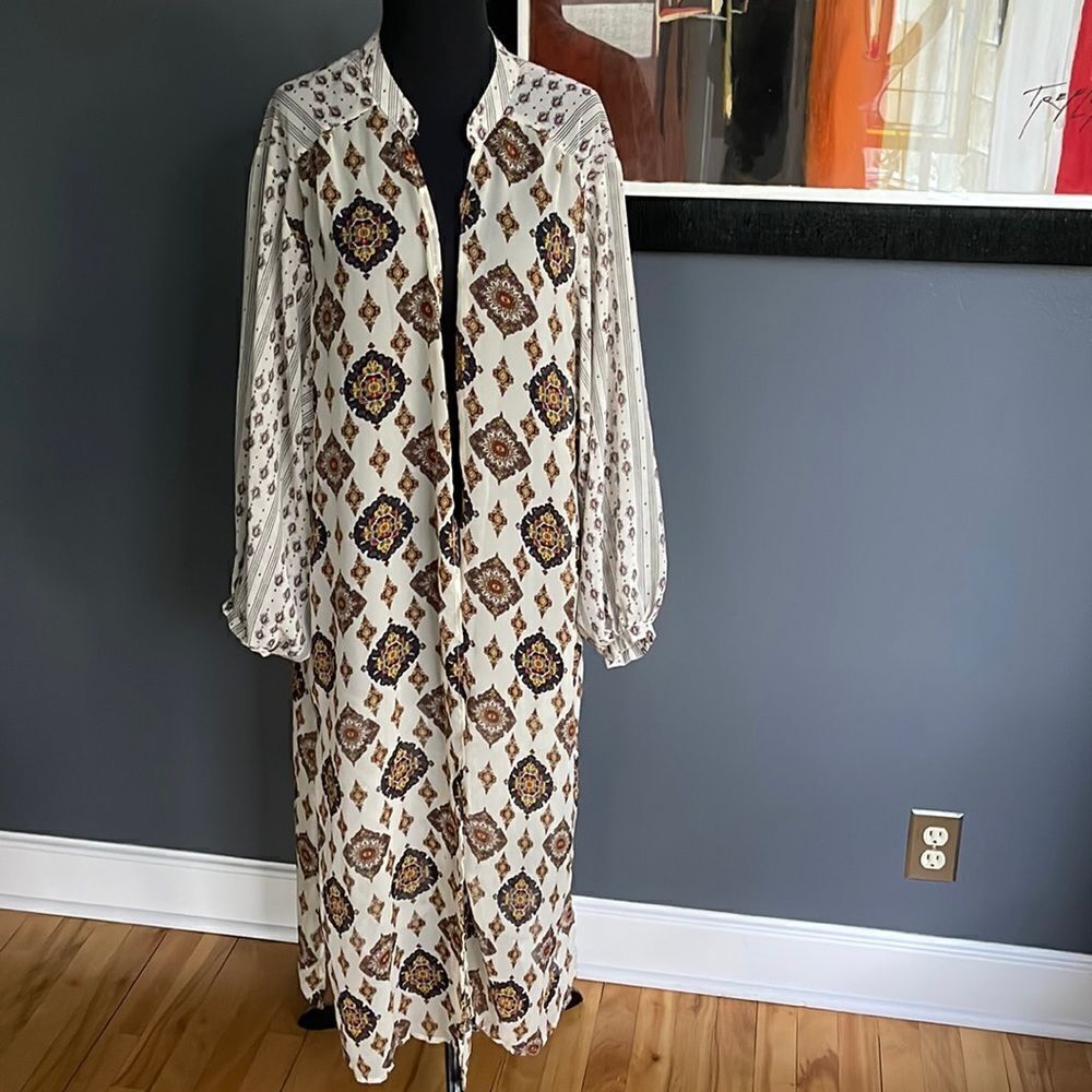 LLove chiffon open front sideseam slit standup collar long sleeve duster/kimono